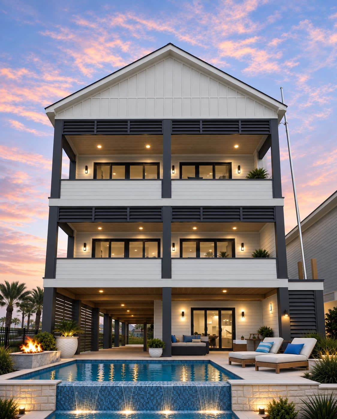 Kemah Dream House exterior at dusk, with three levels of outdoor space and a pool in front